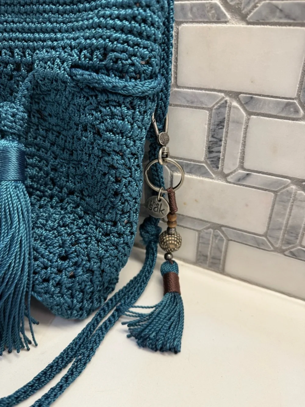 The Sak…Handmade Teal Crochet Crossbody Bag with Tassel - Picture 3 of 7
